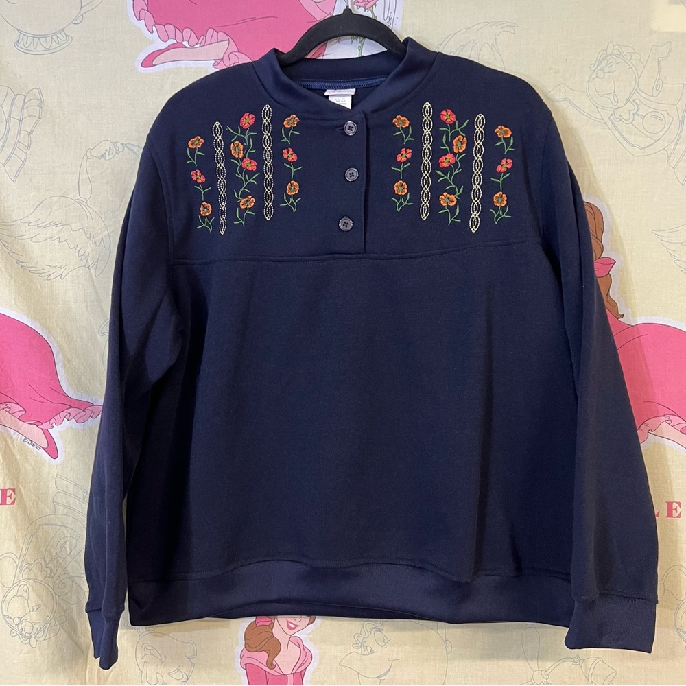 Adrian Delafield Navy Sweater Floral Embroidery